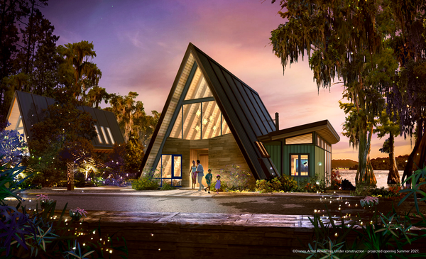 Architectural rendering of a standalone A-frame Lake House accommodation at Disney’s Lakeshore Lodge along the edge of Bay Lake.