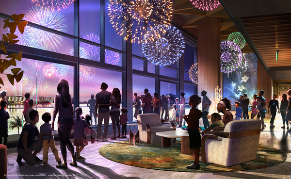 Guests inside Dandelion Terrace watching Magic Kingdom fireworks through large glass windows beneath glowing dandelion-inspired chandeliers.