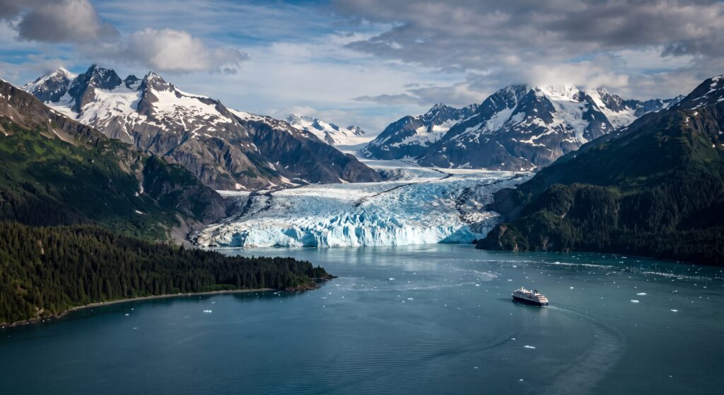 Finding Your Perfect Season in Alaska A wide, dramatic photograph of a massive calving glacier in an Alaskan fjord, with a dense forest and rugged snow-capped mountains under a sunny, late summer sky, showcasing the vast scale of the untamed wilderness.