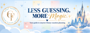 Guru Travel Facebook banner announcing the 2027 Walt Disney World Crowd Calendar with Cinderella Castle, planning calendar grid, and official agency seal.